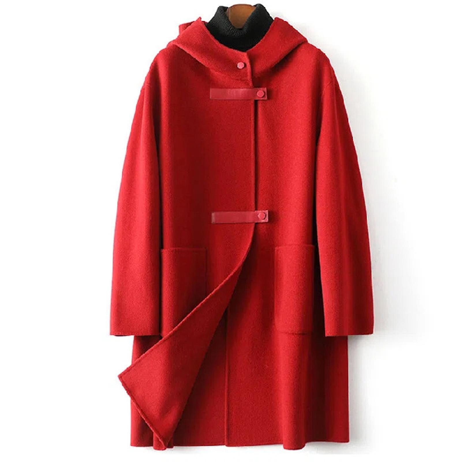 Women Winter Coat Long Sleeves Single-breasted Hooded Solid Color Pockets Keep Warm Single Side Cashmere Wool Large Size Thick Lady Overcoat