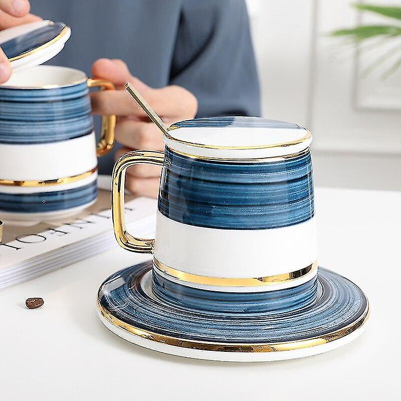 Coffee Tea Sets Coffee Cup &saucer With Lid Spoon Set Blue Phnom Penh Waterware Nordic Ceramic Mug