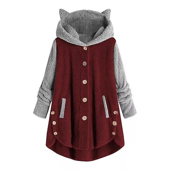Women's Plush Hooded Coat Cat Ears Cute Fashionable Winter Jacket Button Design Irregular Color Matching Coat