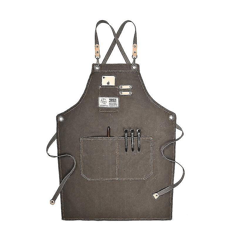 Canvas Work Apron With Adjustable Strap Multi Pockets For Barista Barber Beauty Salon Dark Grey
