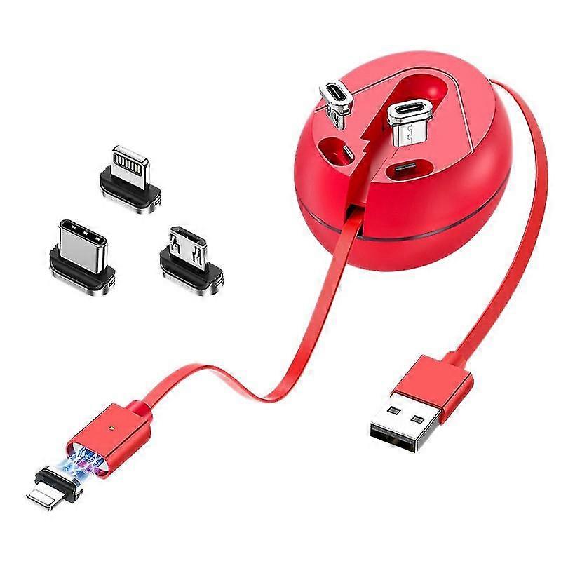 Retractable Data Cable 1 Drag 3 Cable Round 1M 3A Type-C Micro-USB Magnetic Storage Data Cable ,Red