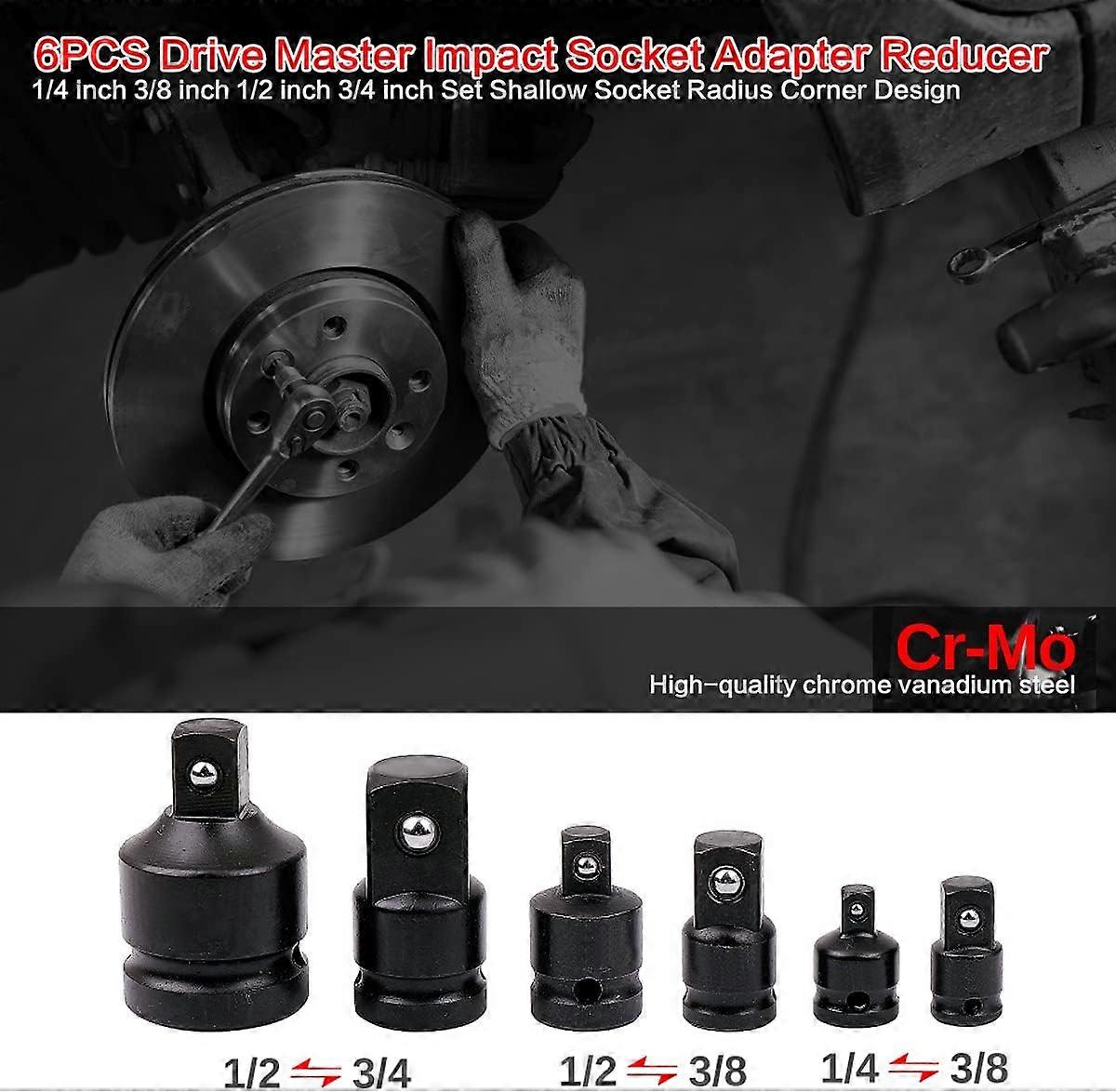 Set of impact socket adapters, socket spanner adapters, 6 reducer adapters for 1/4", 3/8", 1/2", 3/4" socket converters