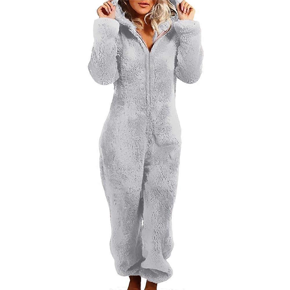 Women Luxury Fluffy Fur All In One Fleece Hooded Jumpsuit Ladies