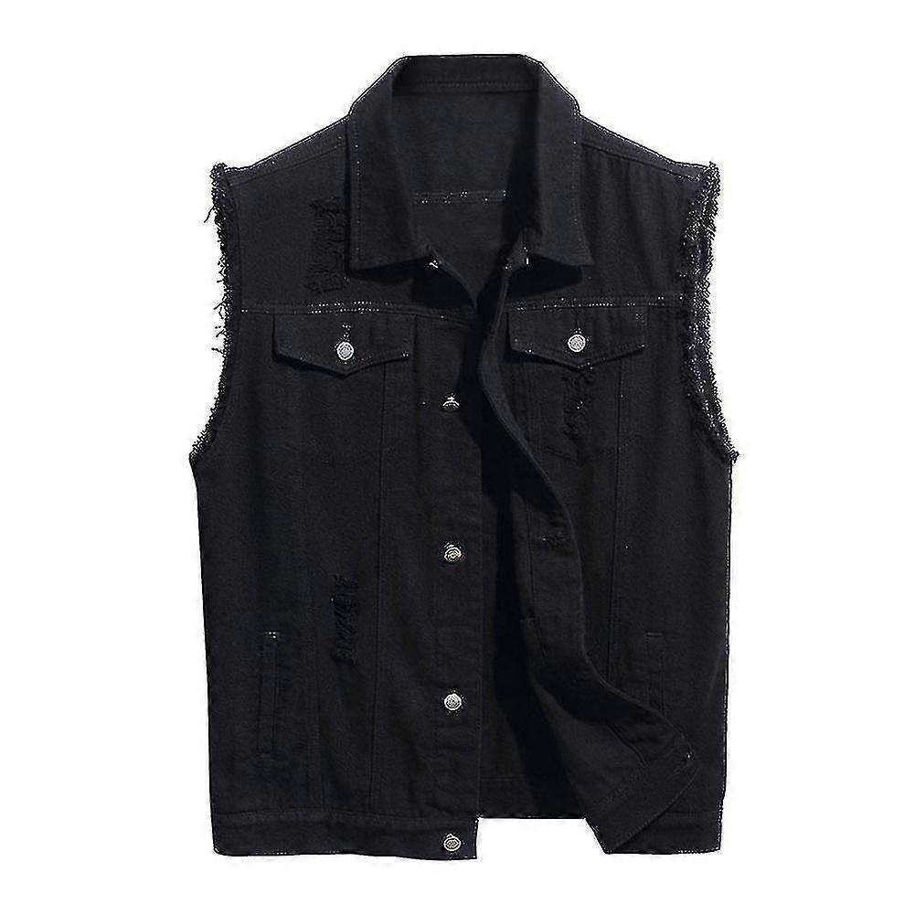 Mens Casual Ripped Denim Vest Classic Trucker Button Down Sleeveless ...