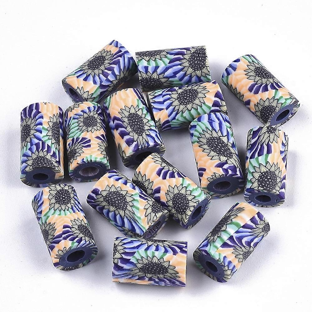 50pc Handmade Polymer Clay Beads Column with Flower Pattern Light Salmon 12x7mm