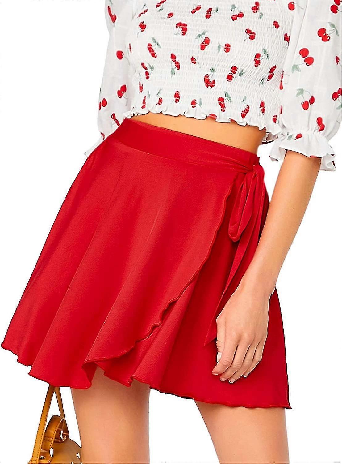 Women's Casual Elastic Waist Self Belted Overlap Skater Flared Wrap Short Skirt