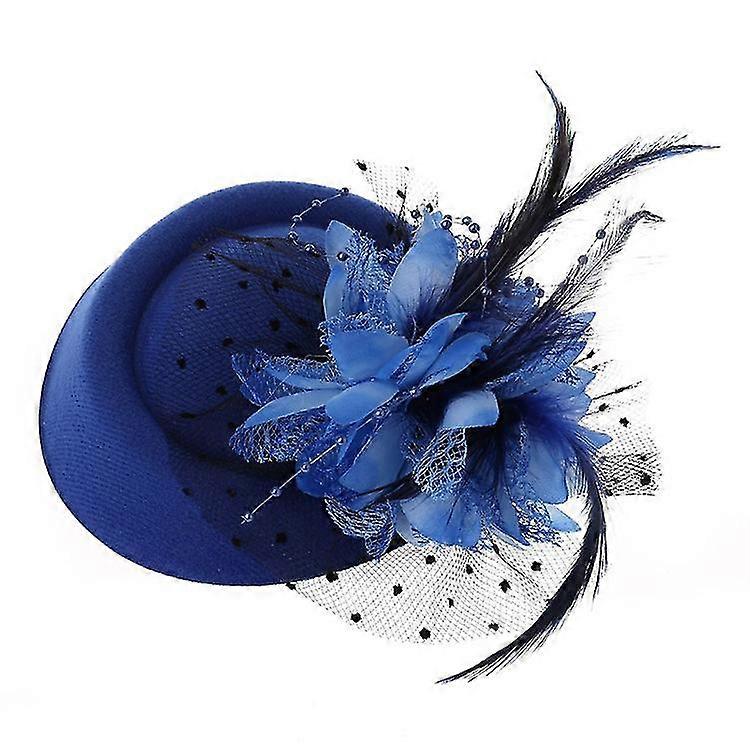 Pearl Feather Flower Barrette Hat Blue Hat + Black Net