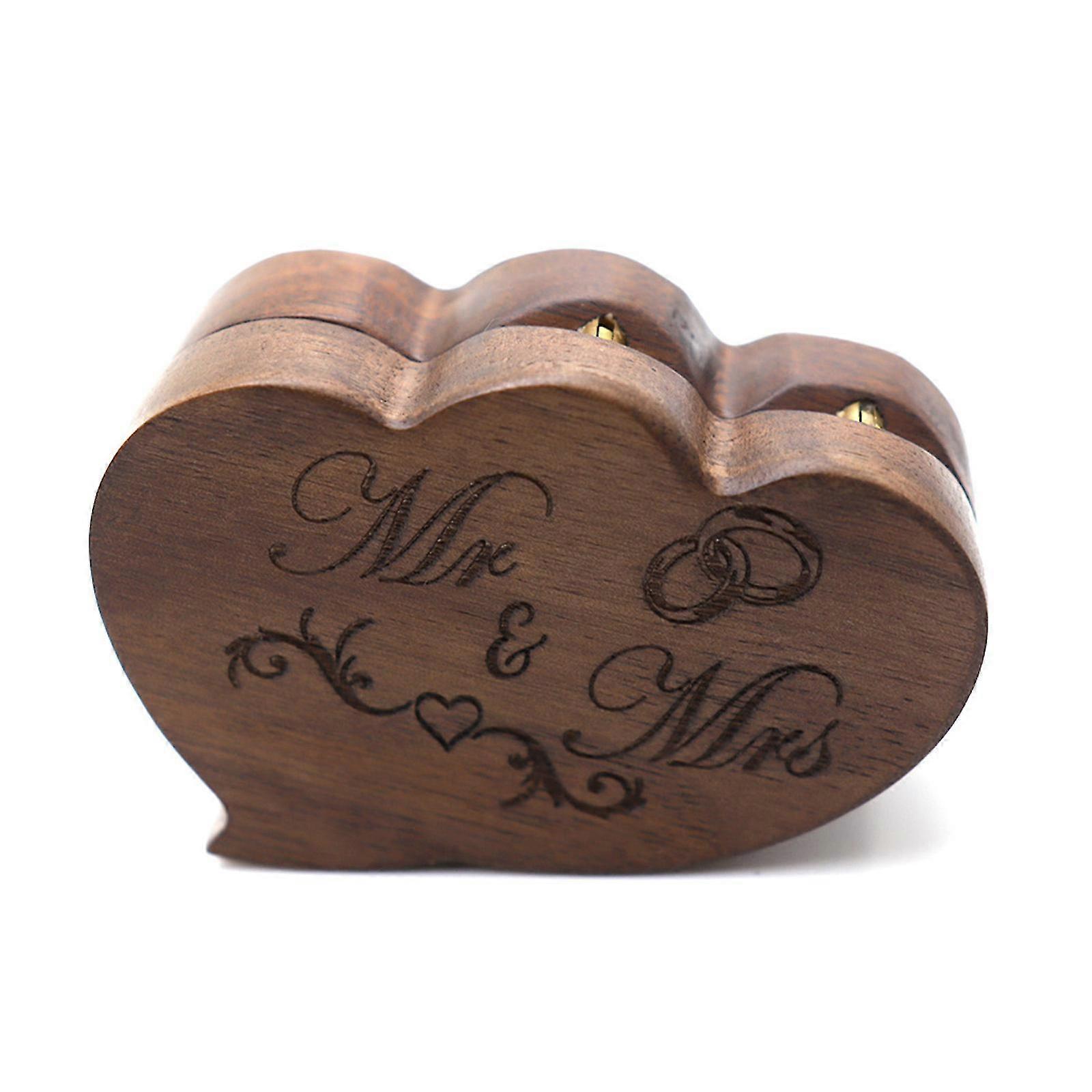 Wood Double Ring Box Engraved Mr & Mrs Wooden Ring Holder Ceremony Ring Bearer