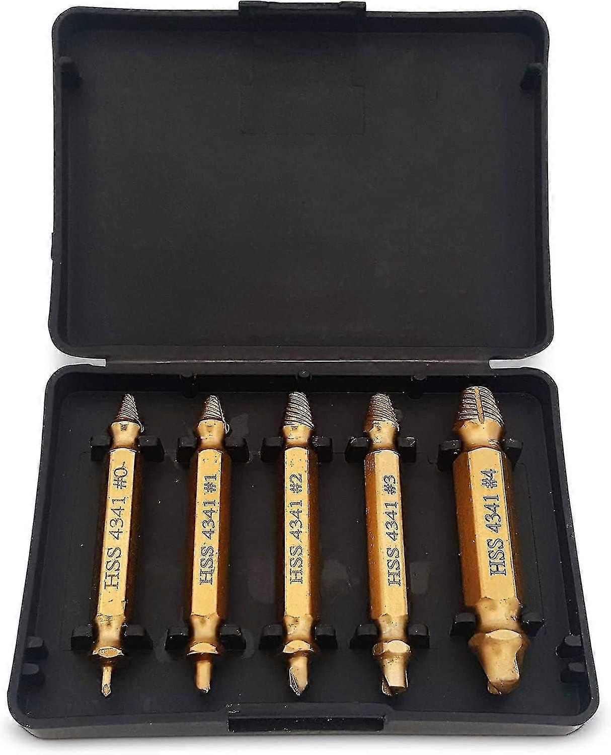 Screw Extractor Diy Tools 5 Piece Set Titanium Plated 4341 High-speed Steel Easily And Quickly Remove All Common Sizes Of Damaged, Broken Or Stripped