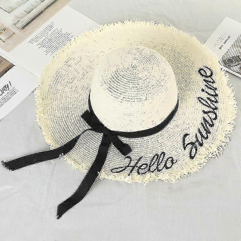 Blanc tissage chapeaux de soleil chapeau de paille ruban noir cravate casquettes femmes plage d’été en plein air z24407