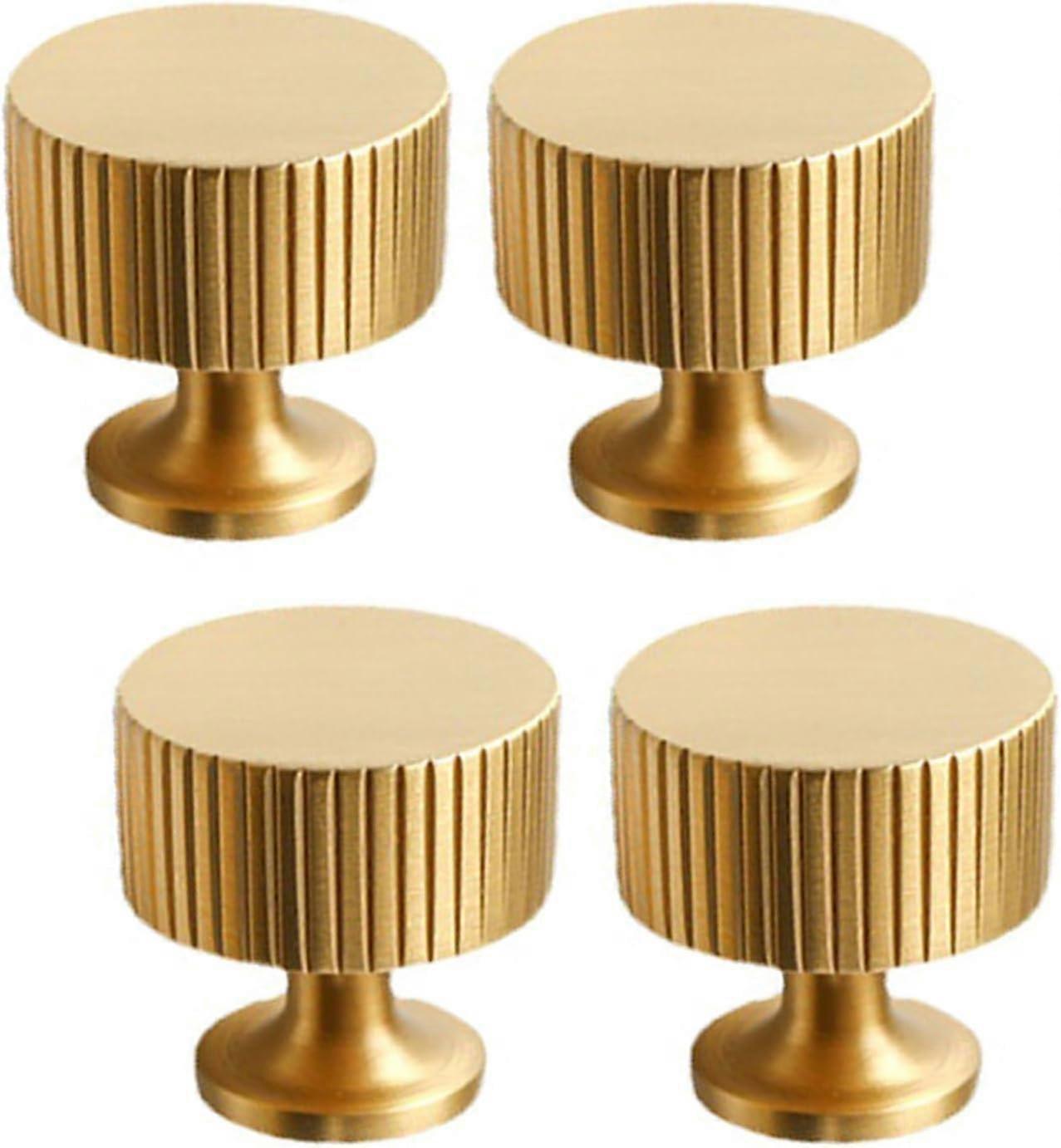 4 Pack Solid Brass Cabinet Knobs - Brushed Brass Finish - Gold