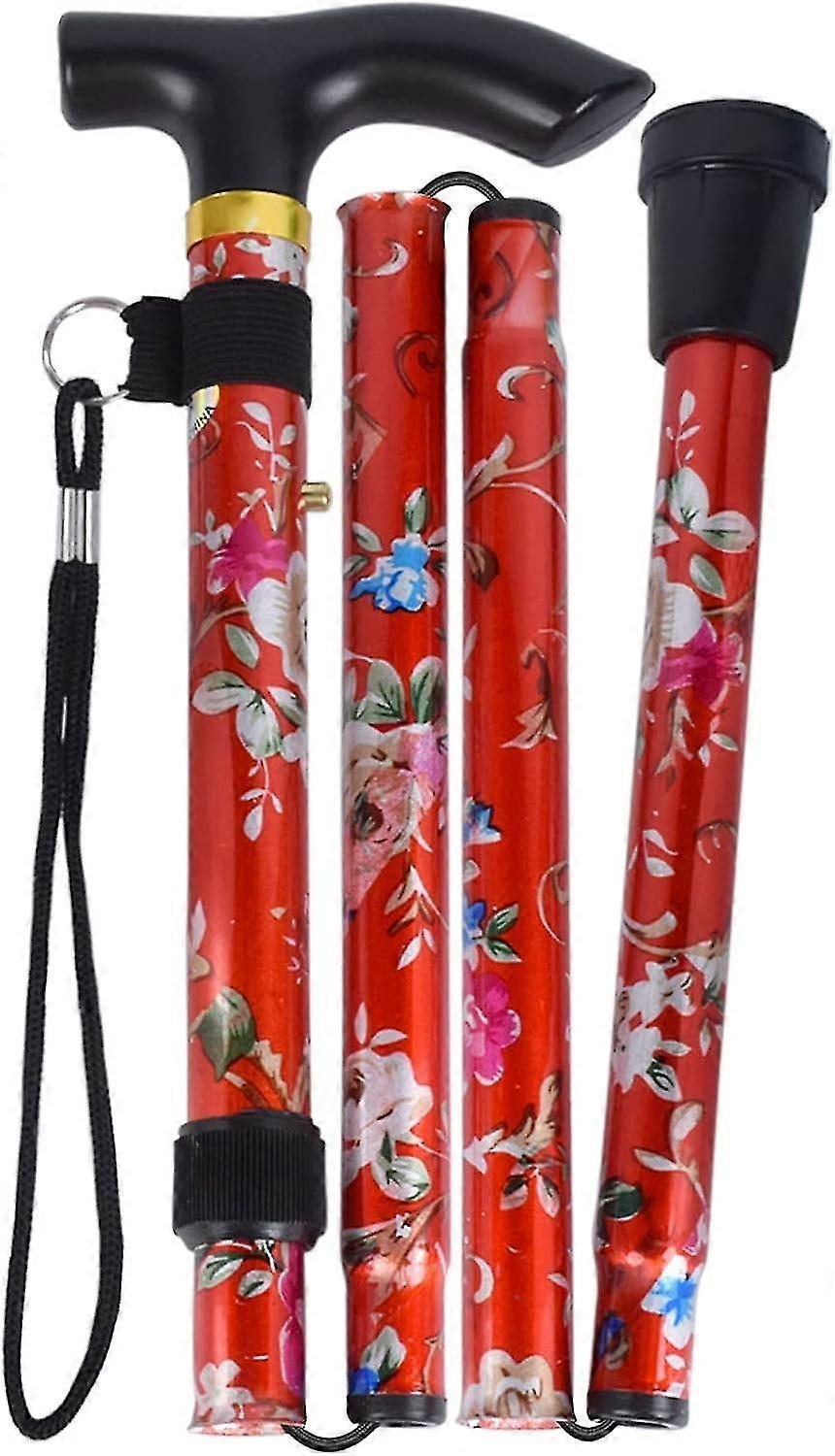 Red - 1 Piece Folding Walking Stick, Flower Aluminum Walking Stick, Adjustable Lightweight Portable Trekking Stick With Ergonomic Non-slip Handle, Sui