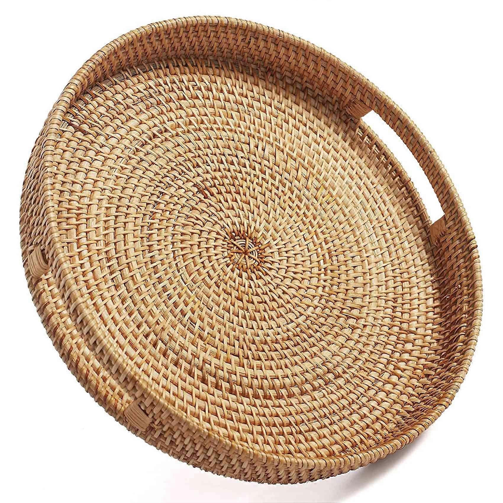Round Rattan Serving Tray Decorative Woven Ottoman Trays with Handles for Coffee Table Natural()