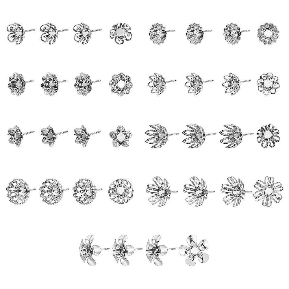 36Pcs 9 Style 304 Stainless Steel Stud Earring Settings Mixed Flower Stainless Steel Color 4pcs/style
