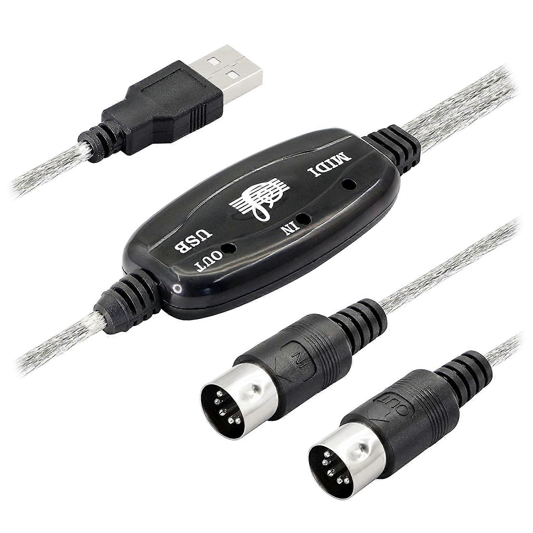 USB MIDI Cable Adapter, USB Type A Male to MIDI Din 5 Pin In-Out Cable Interface with LED Indicator