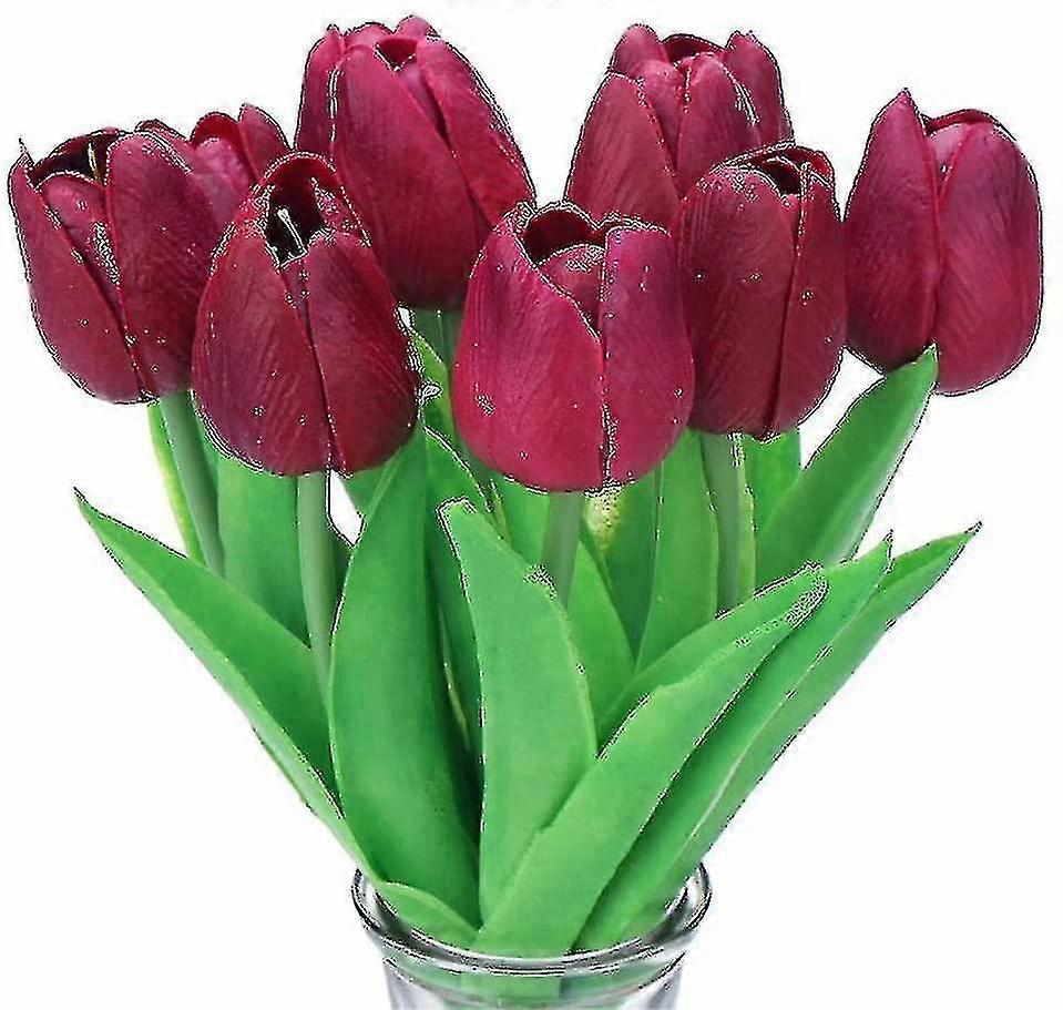 10pcs Stunning Realistic Touch Pu Artificial Tulip Bouquet With Stem-yellow