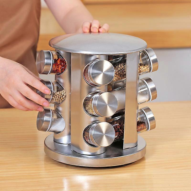 Rotating Spice Rack with Labels - 20 jars Silver