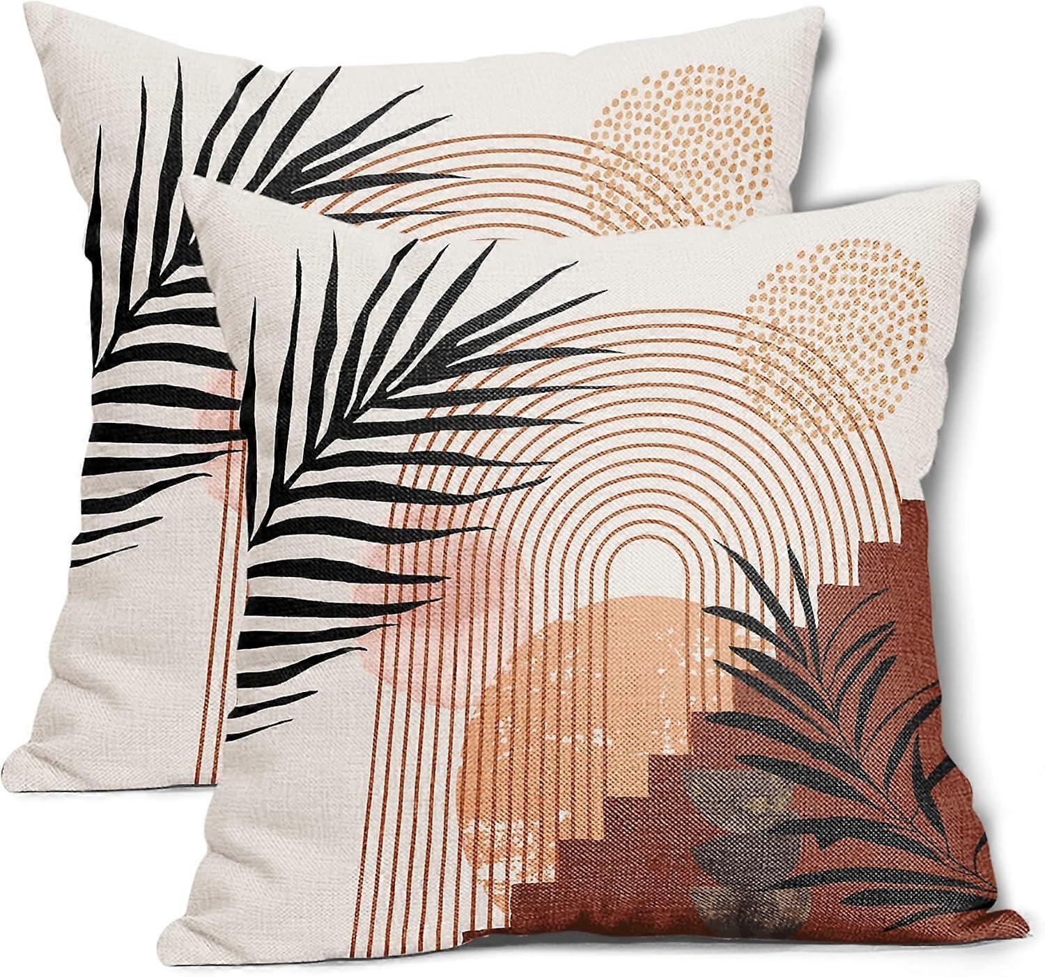 Boho Mid Century Modern Pillow Covers 18X18 In Set of 2 Bohemian Minimalist Geometric Leaf Throw Pillow Cases Burnt Orange Abstract Pillow Cover Home