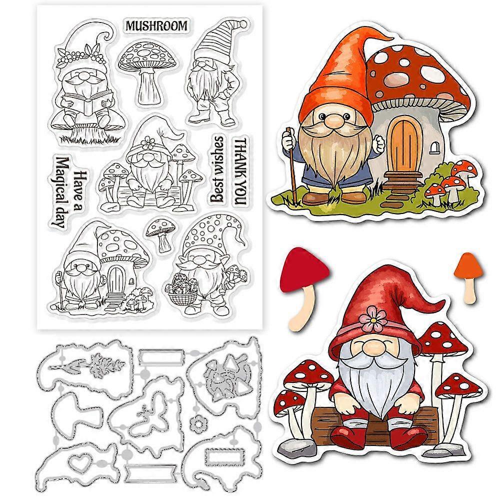 Gnome & Mushroom 1Pc PVC Plastic Clear Stamps with 1Pc Carbon Steel Cutting Dies Stencils 105x154x0.8mm