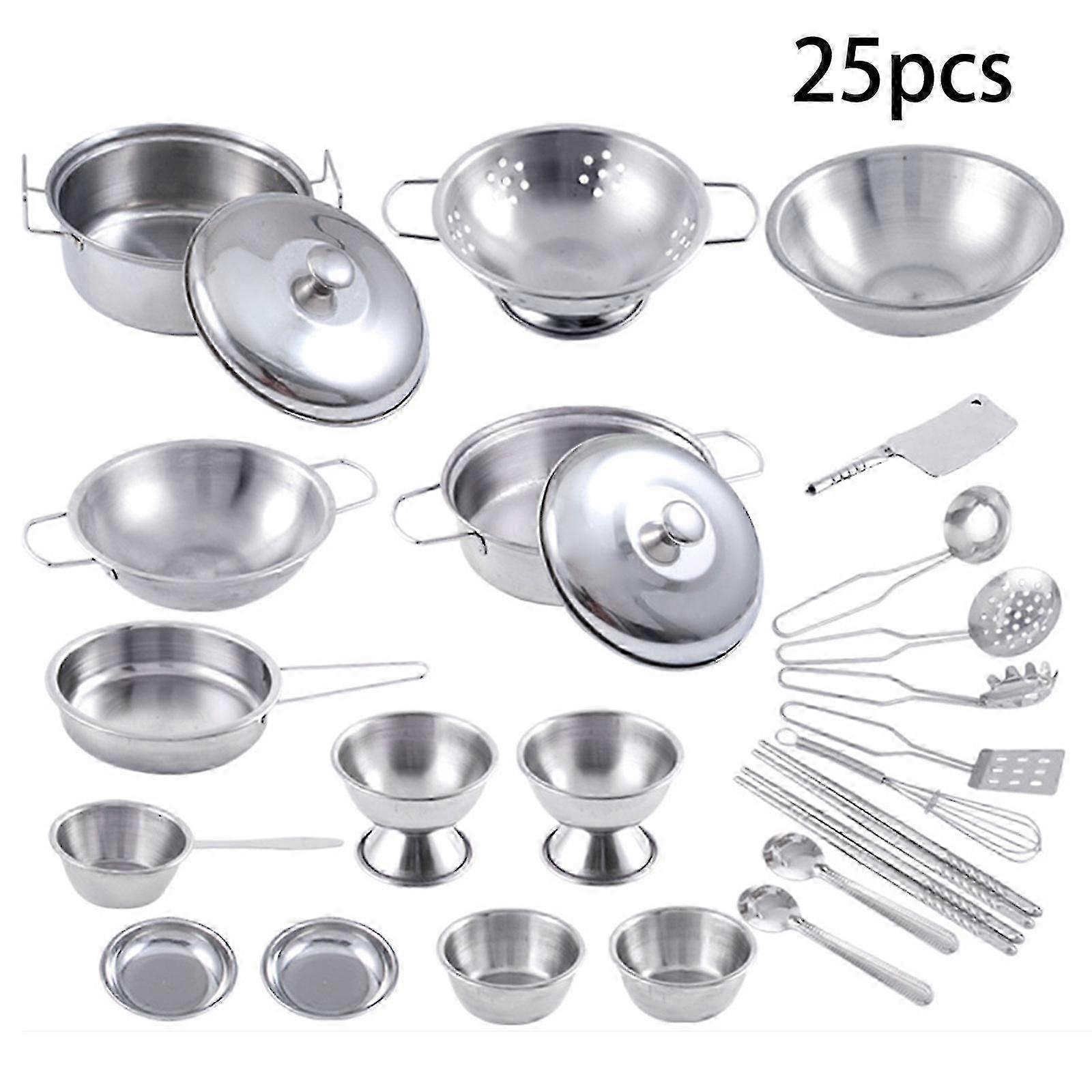 25 قطع الفولاذ المقاوم للصدأ الأطفال البيت المطبخ اللعب الأطفال التظاهر للعب تجهيزات المطابخ