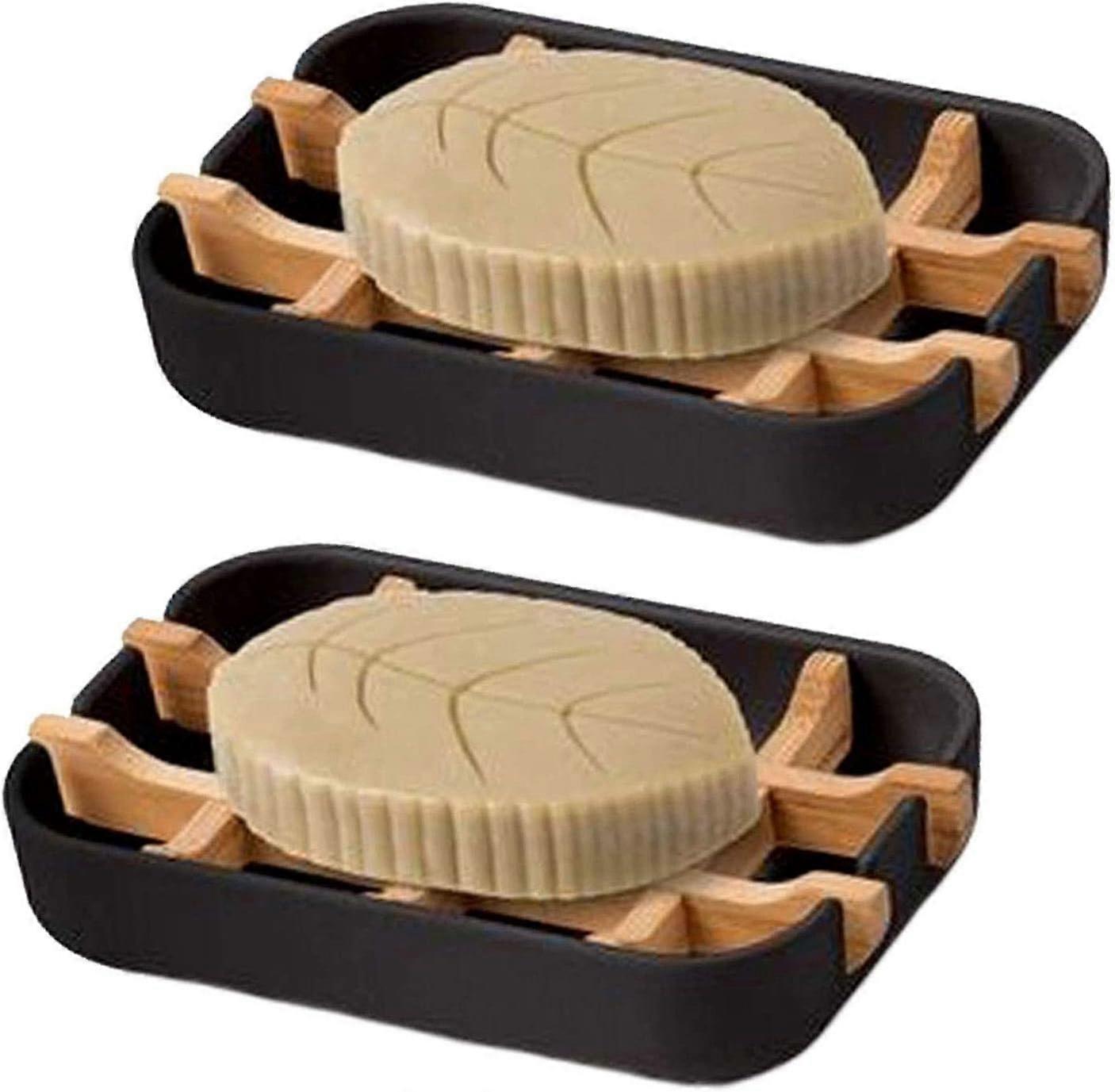 Set of 2 Durable Bamboo Soap Dish with Drip Tray for Bathroom Soap
