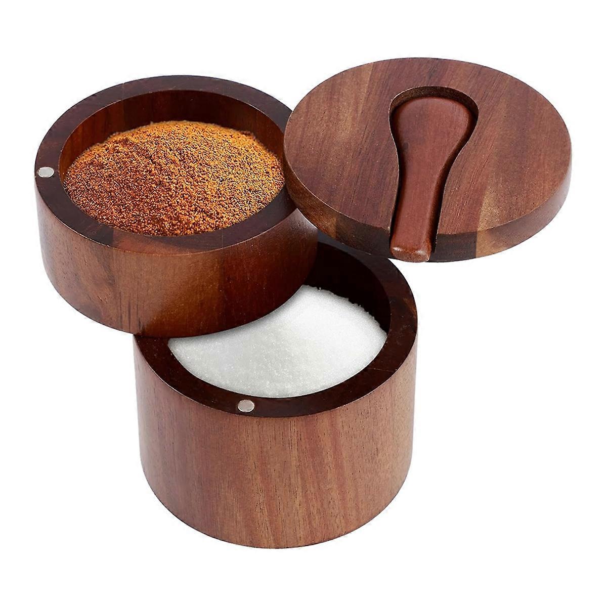 Wooden Salt Shaker, 2-Tier Spice Container, Small Wooden Box for Storing Salt, Spices, Herbs or Fav