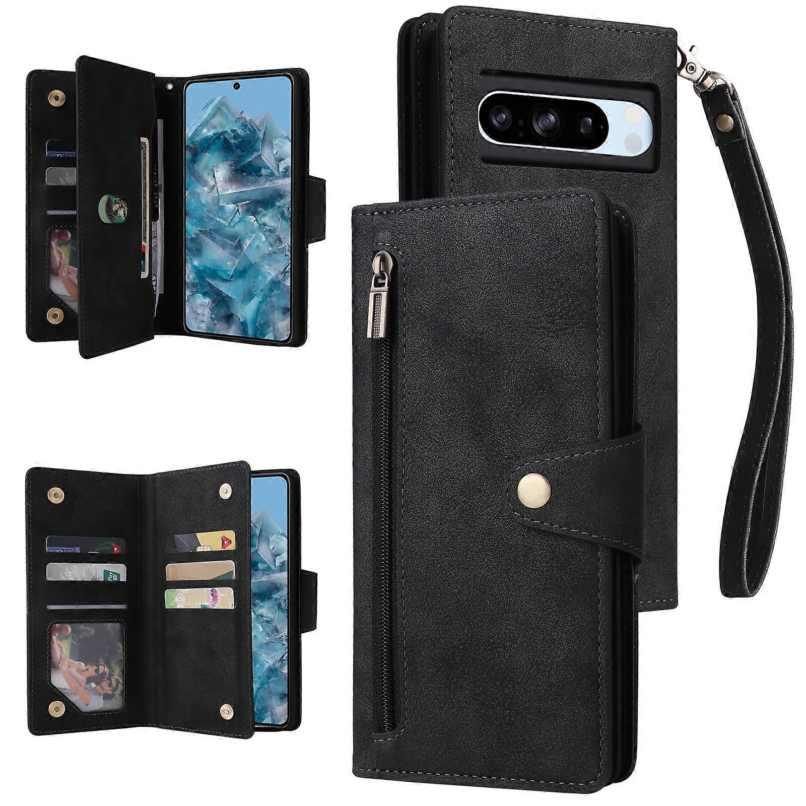 Rivet Buckle 9 Cards Three Fold Leather Phone Case