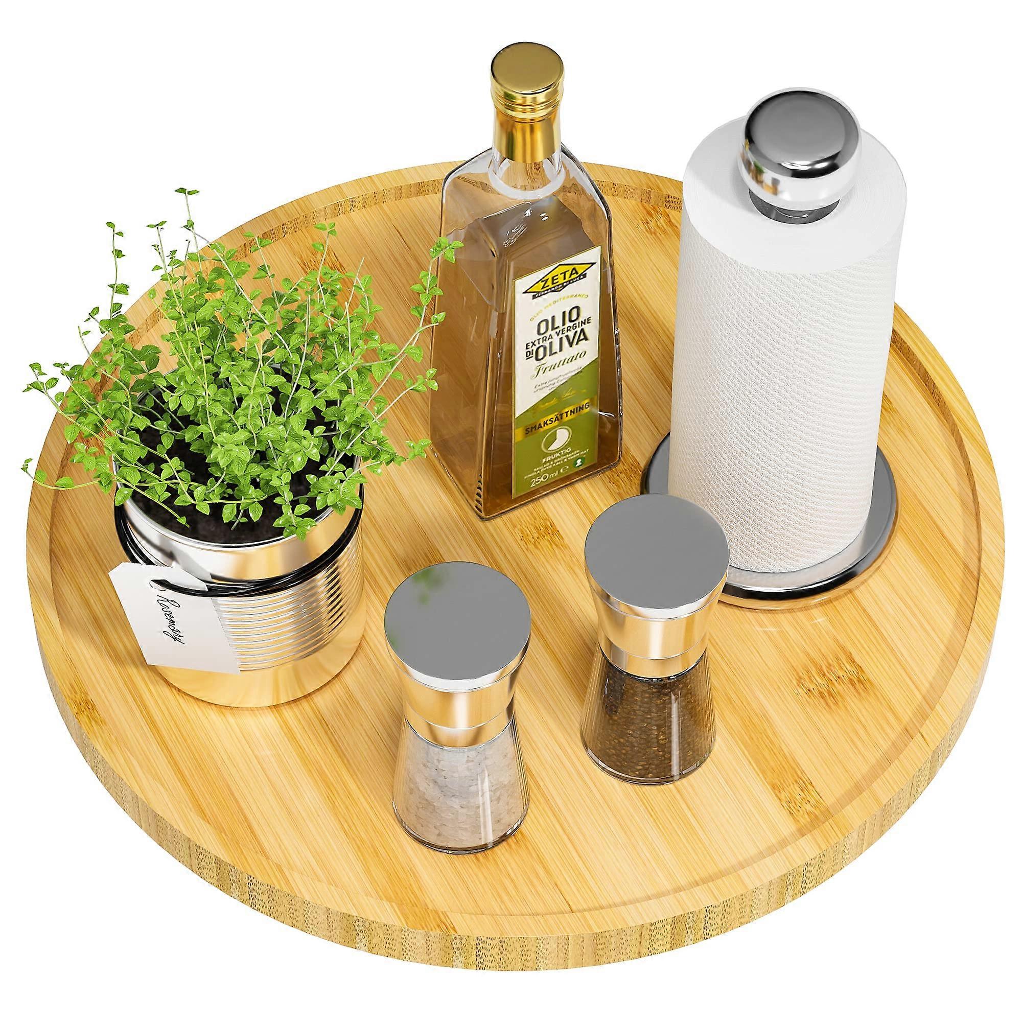 13.2" Non - Skid Bamboo Lazy Susan Organizer for Kitchen Tables, Cabinets, Closets, and Islands - Wood Turntable for Countertop