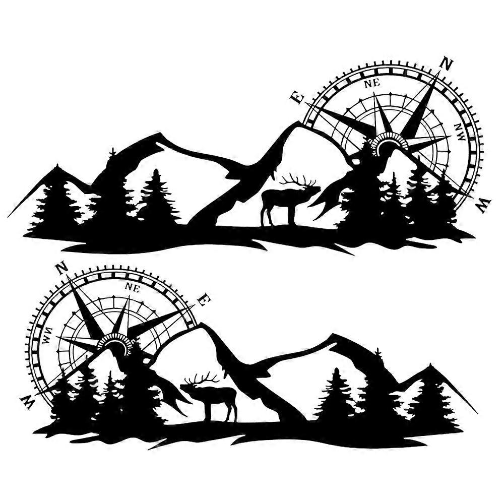 2X Body Sticker Decal Large Compass Navigation with Mountain Deer for Van Motorhome Black