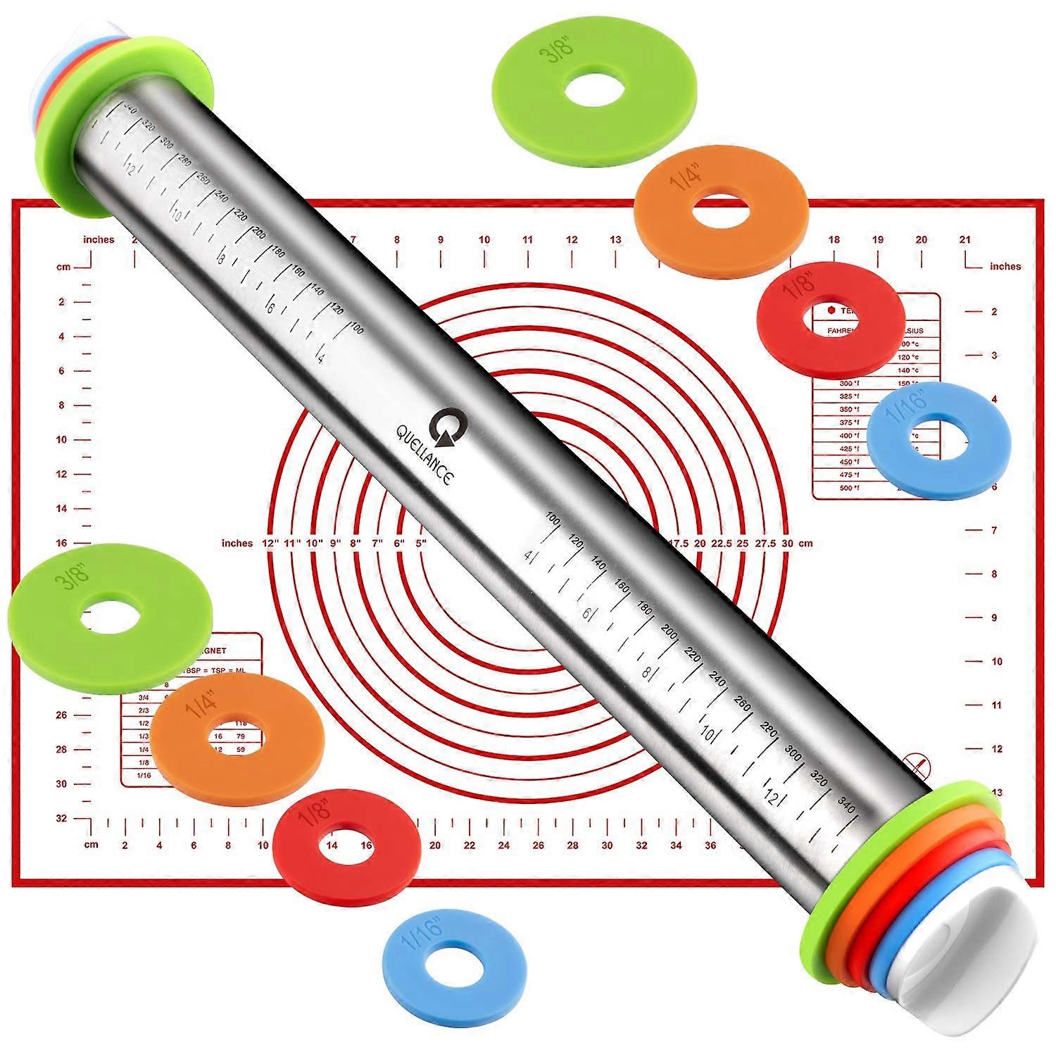 Rolling Pin and Pastry Baking Mat Set with Adjustable Thickness Rings for Baking Fondant, Pizza, and Dough