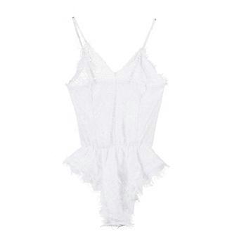 Womens Sexy Diepe V-Hals Wimper Kant Bodysuit Lingerie Bloemen Mesh Nachtkleding Wit XL