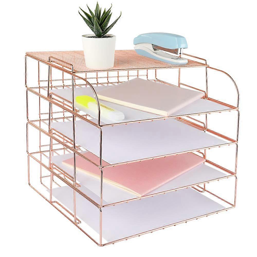 Letter Tray 4-Layer Rose Gold Desk Organizer With Upper Shelf Stacked Paper File Organizer For Women