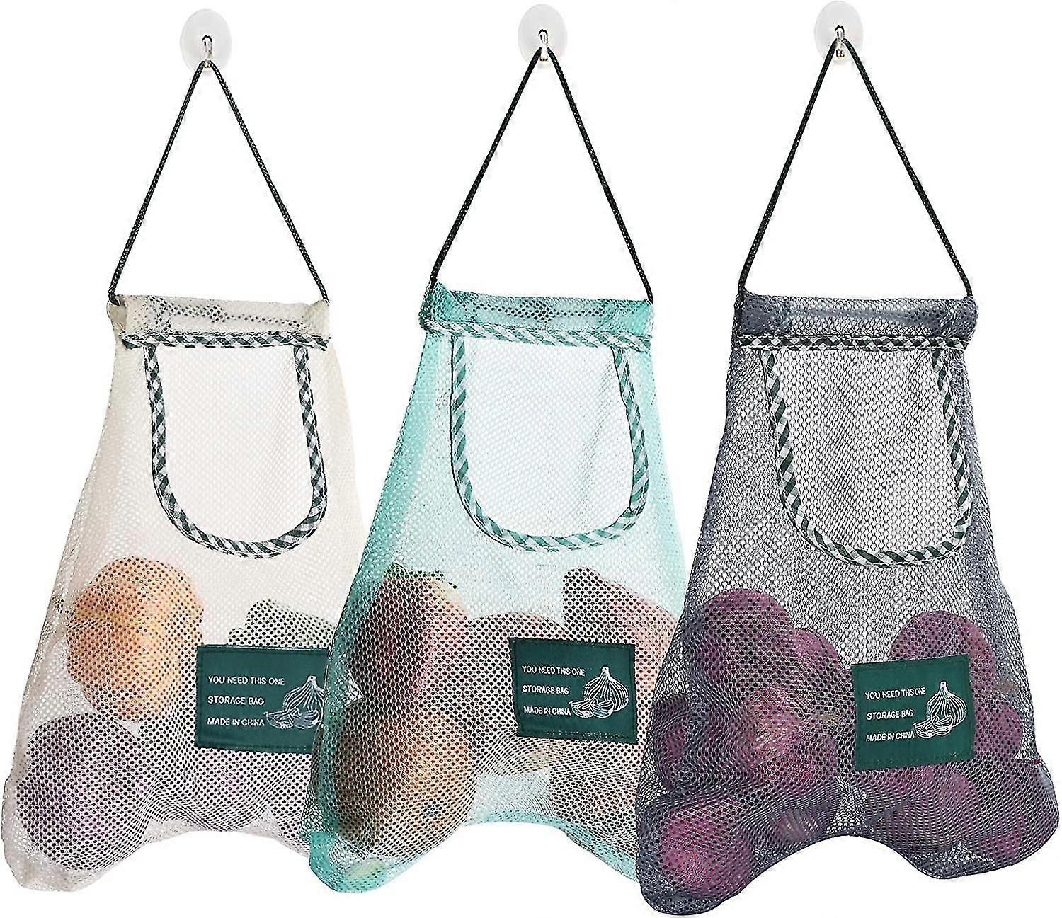 3pcs 재사용 가능한 메쉬 가방, 휴대용 농산물 가방, 빨 수 있는 교수형 보관 가방, 과일, 마늘, 양파, 감자를 위한 주최자 쇼핑 핸드백
