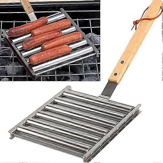 Μπάρμπεκιου λουκάνικο Roller Grill, λουκάνικο Roller Holder Rack, ανοξείδωτο χάλυβα Hot Dog Roller για Grill Top, με πολύ μακριά ξύλινη λαβή, ομοιόμορφα μαγειρεμένο fo