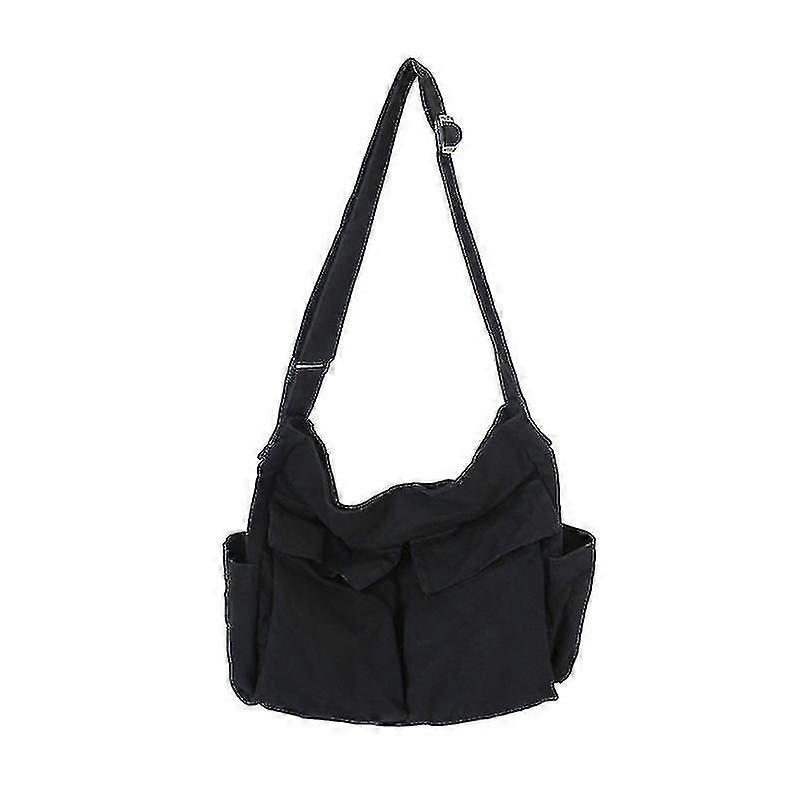 1pc Black Canvas Messenger Bag Large Crossbody Bag With Multiple Pockets Shoulder Tote Bag For Women And Men