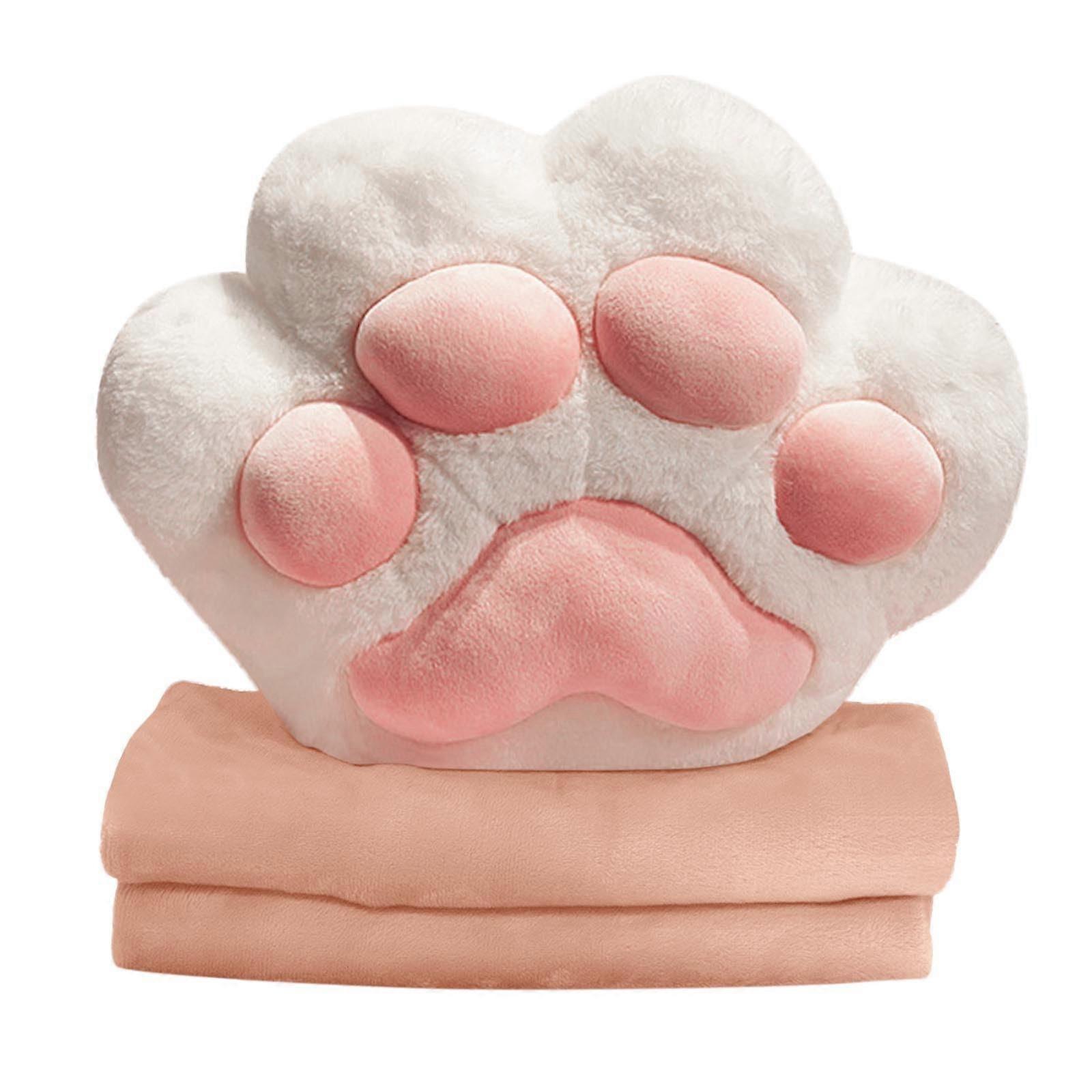 Travel Pillow Blanket Set, Cat Paw Plush Travel Pillow with Compact Blanket, 3 in 1 Combo for Plane, Car, and Camping, White