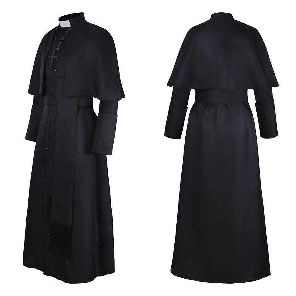 Men's Cardinal Robe Costume Long Red Priest Gown with Capelet and Cross Necklace Gothic Clergy Cosplay Outfit
