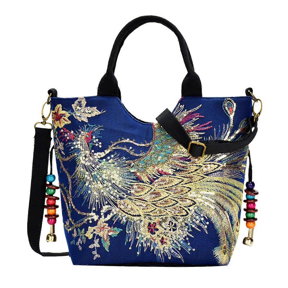 Sequins Embroidered Ladies Canvas Tote Bag Shopping Blue