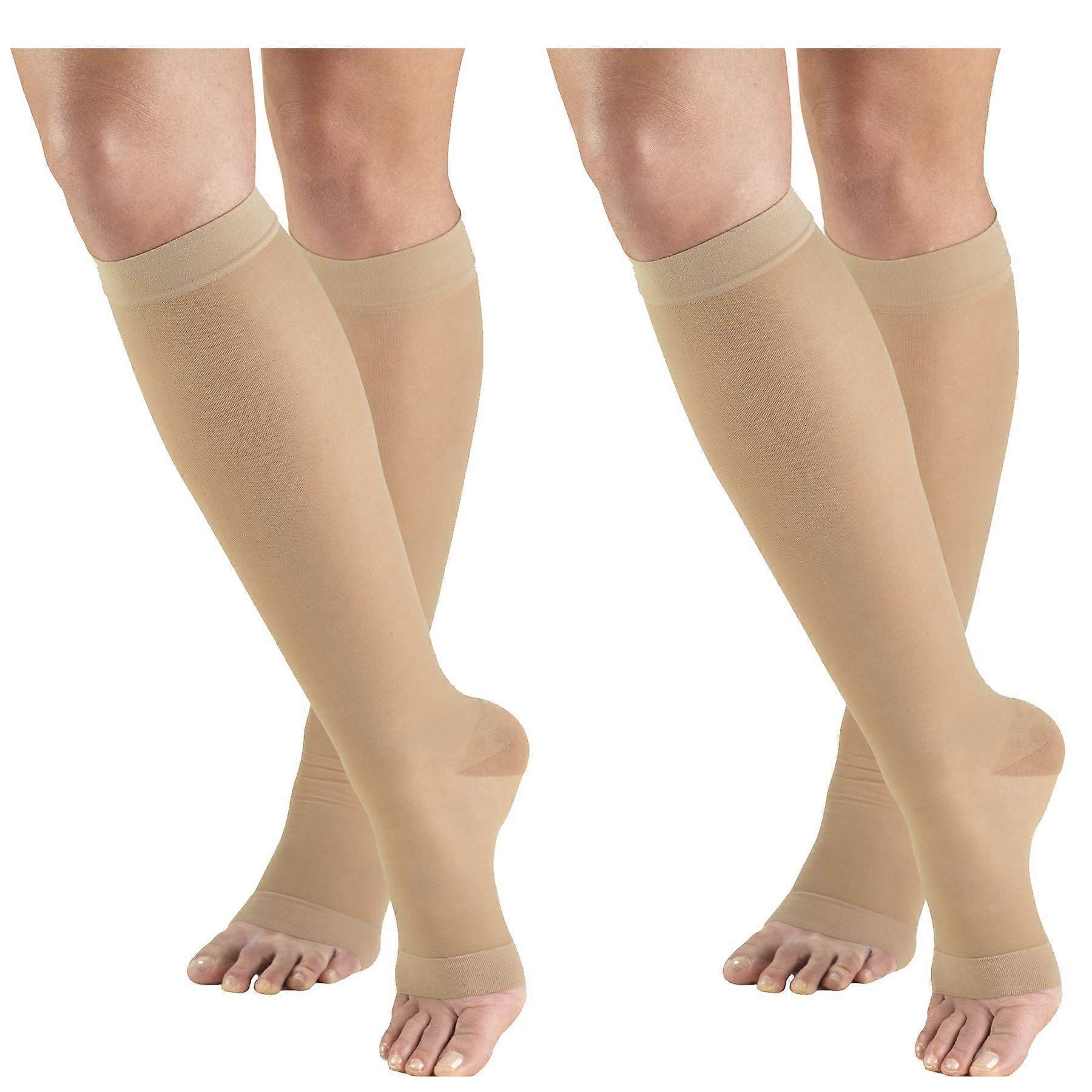 Compression 1520 mmHg Sheer Knee High Open Toe Stockings Nude, Medium, 2 Count
