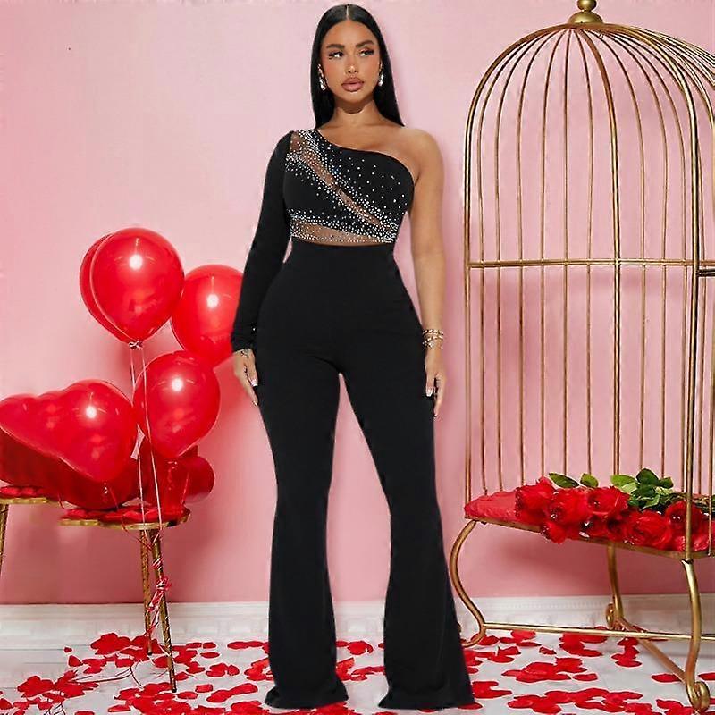 Women's New Fashion One-shoulder Long-sleeved Hot Diamond Splicing Jumpsuit Trousers Trousers Flared Trousers