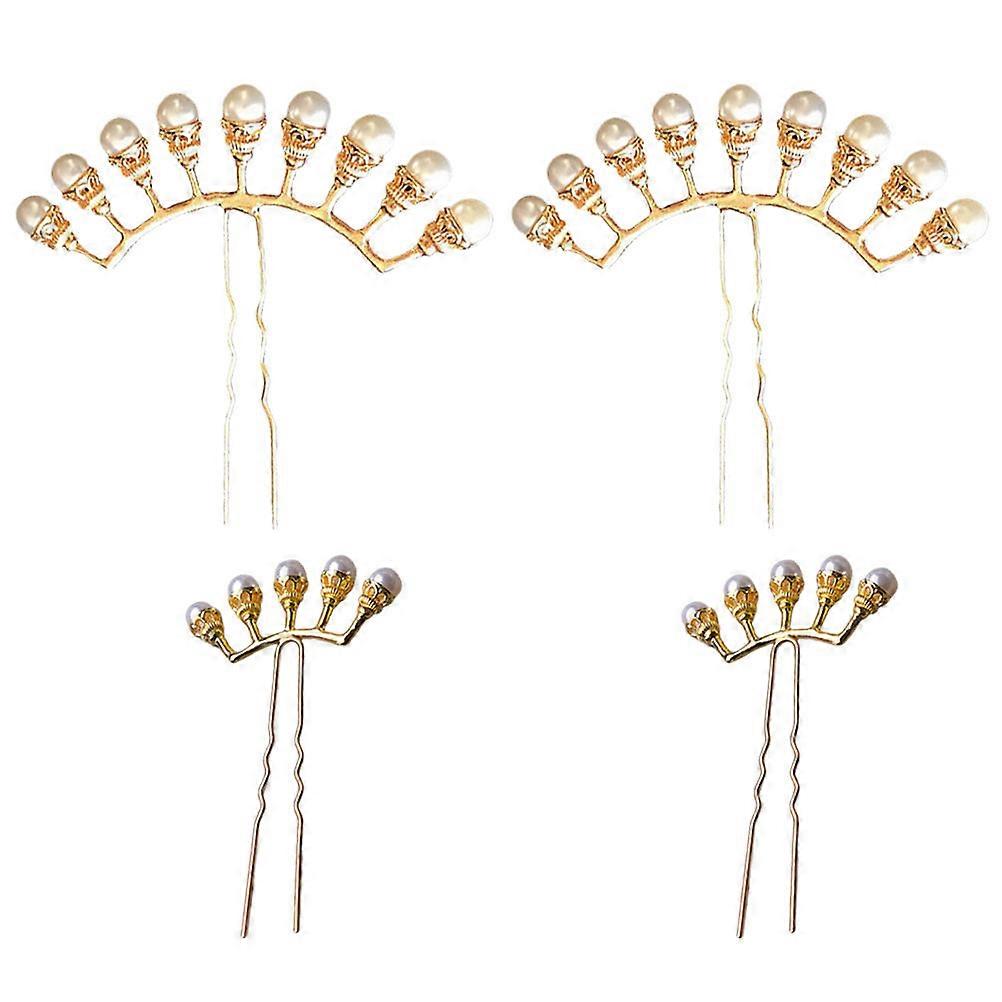 Conjunto de 4 palitos de cabelo retrô com pérolas douradas em estilo chinês.