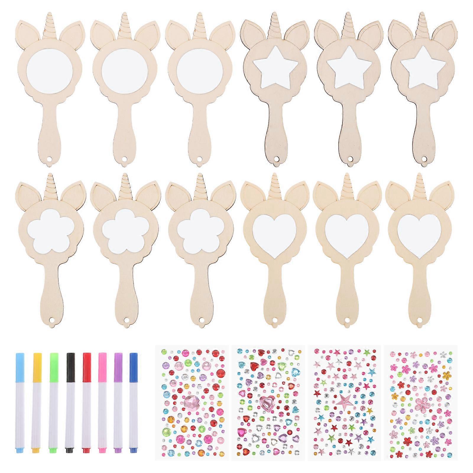 Handheld Mirror Diy Wood Mirror Craft Unicorn Design Plastic Material 16.80X7.70X0.10cm Decorative Item 1 Set