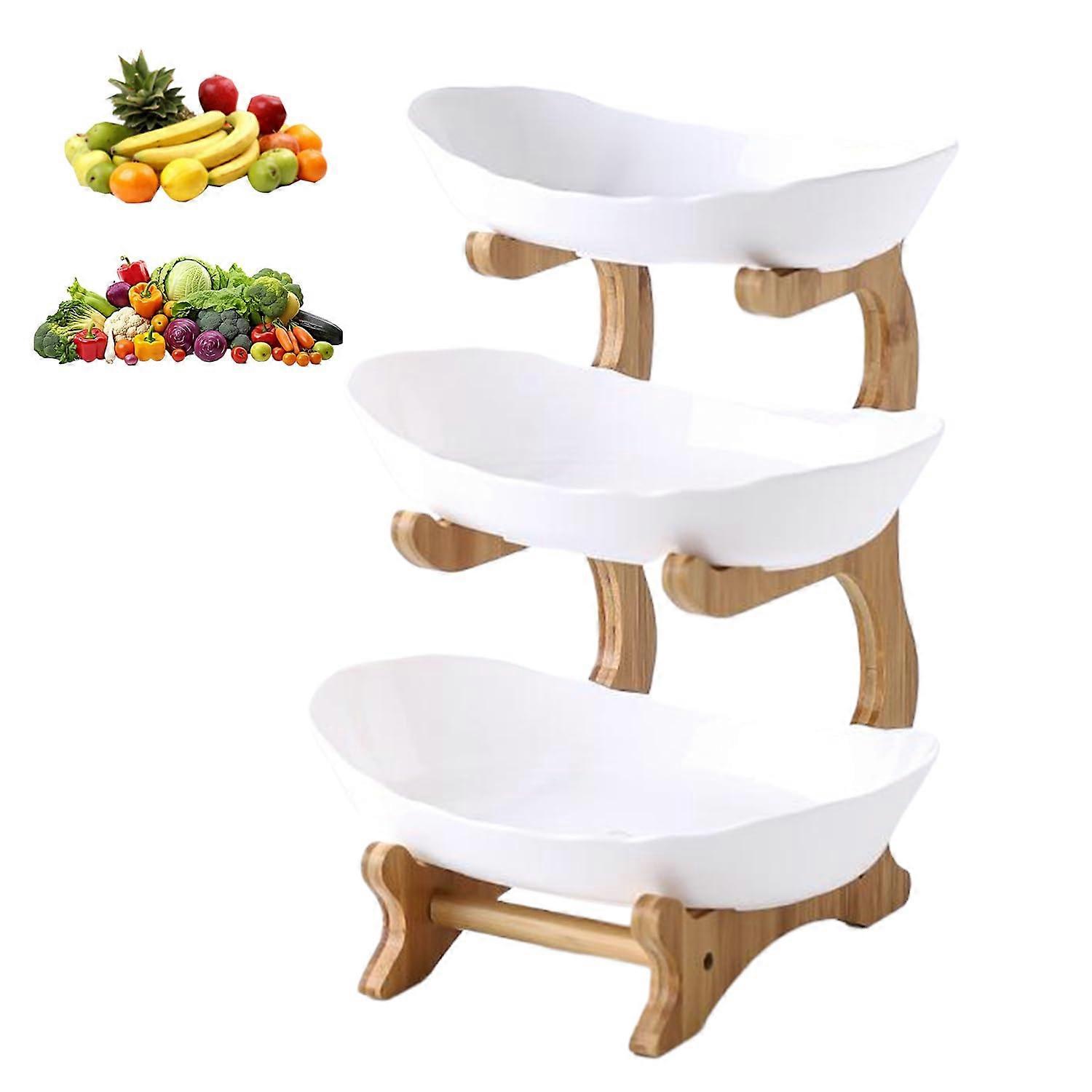3 Tier Fruit Basket White, Wooden Shelf With Removable PP Bowl, Stackable Fruit And Vegetable Storage Rack For Bread