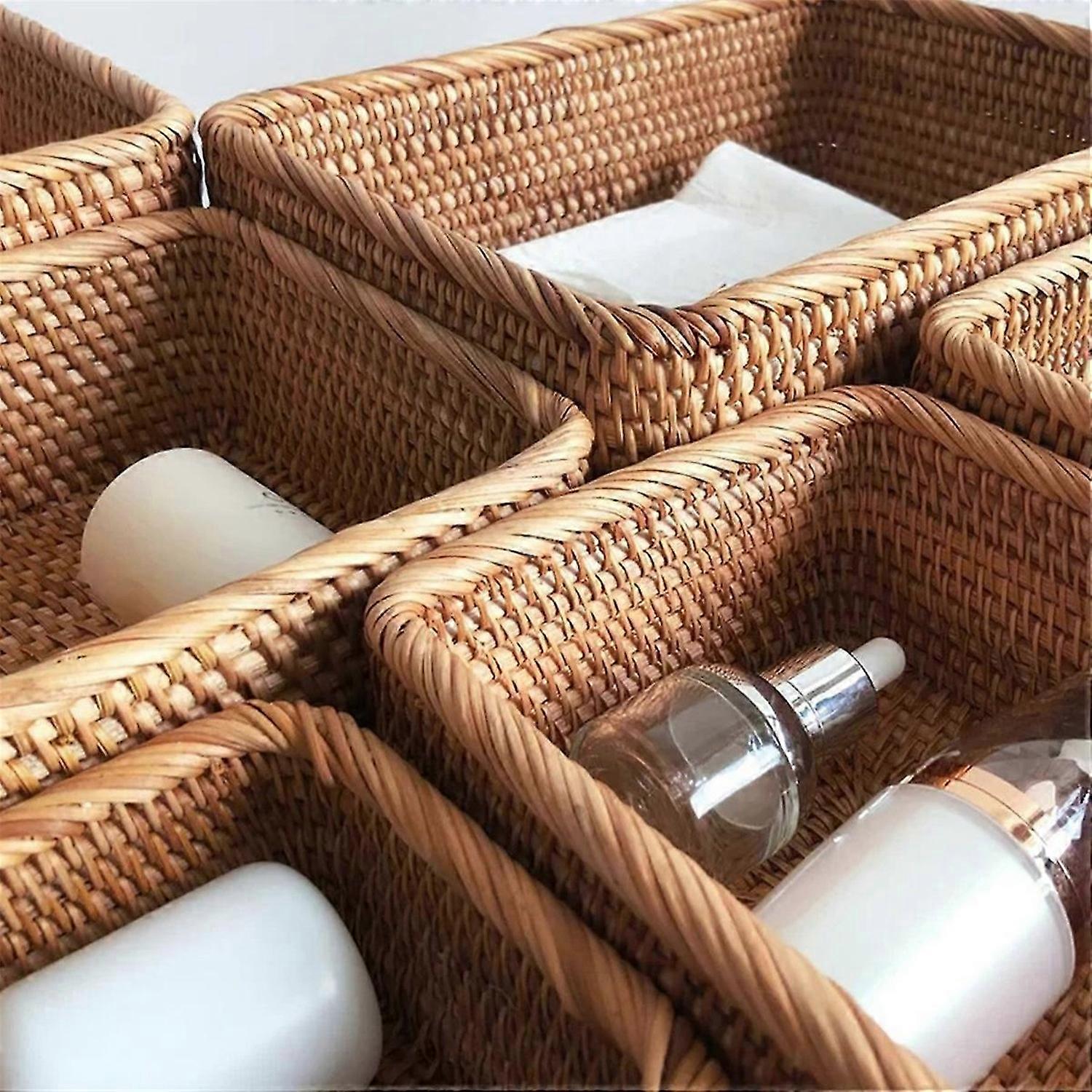 Hand-Woven Wicker Basket Fruit, Tea and Bread Basket Rectangular Storage Box for Cosmetics