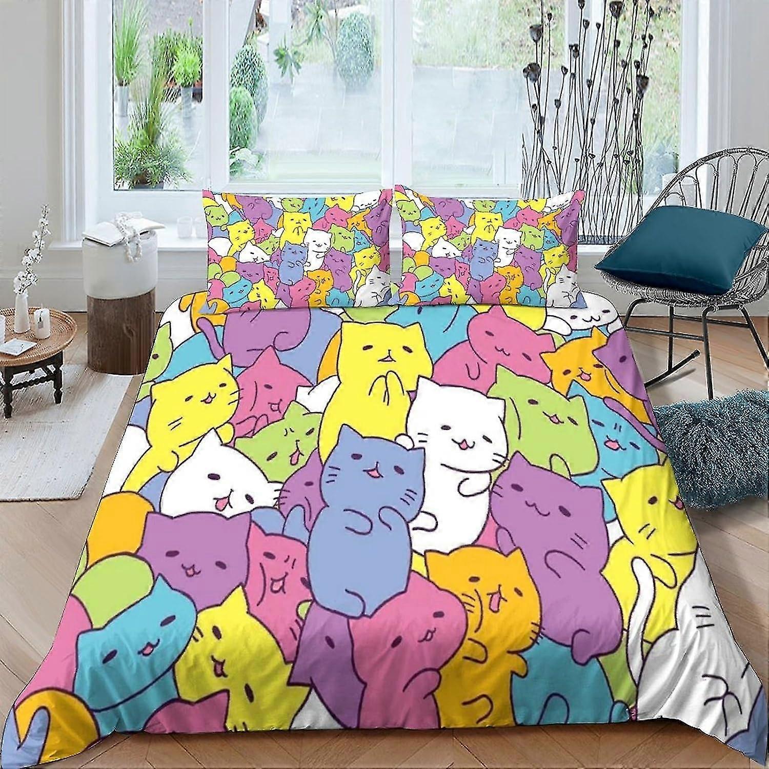 Tecknad katt påslakan set för barn sängkläder - Mjukt mikrofibertäcke för småbarn sovrumsinredning