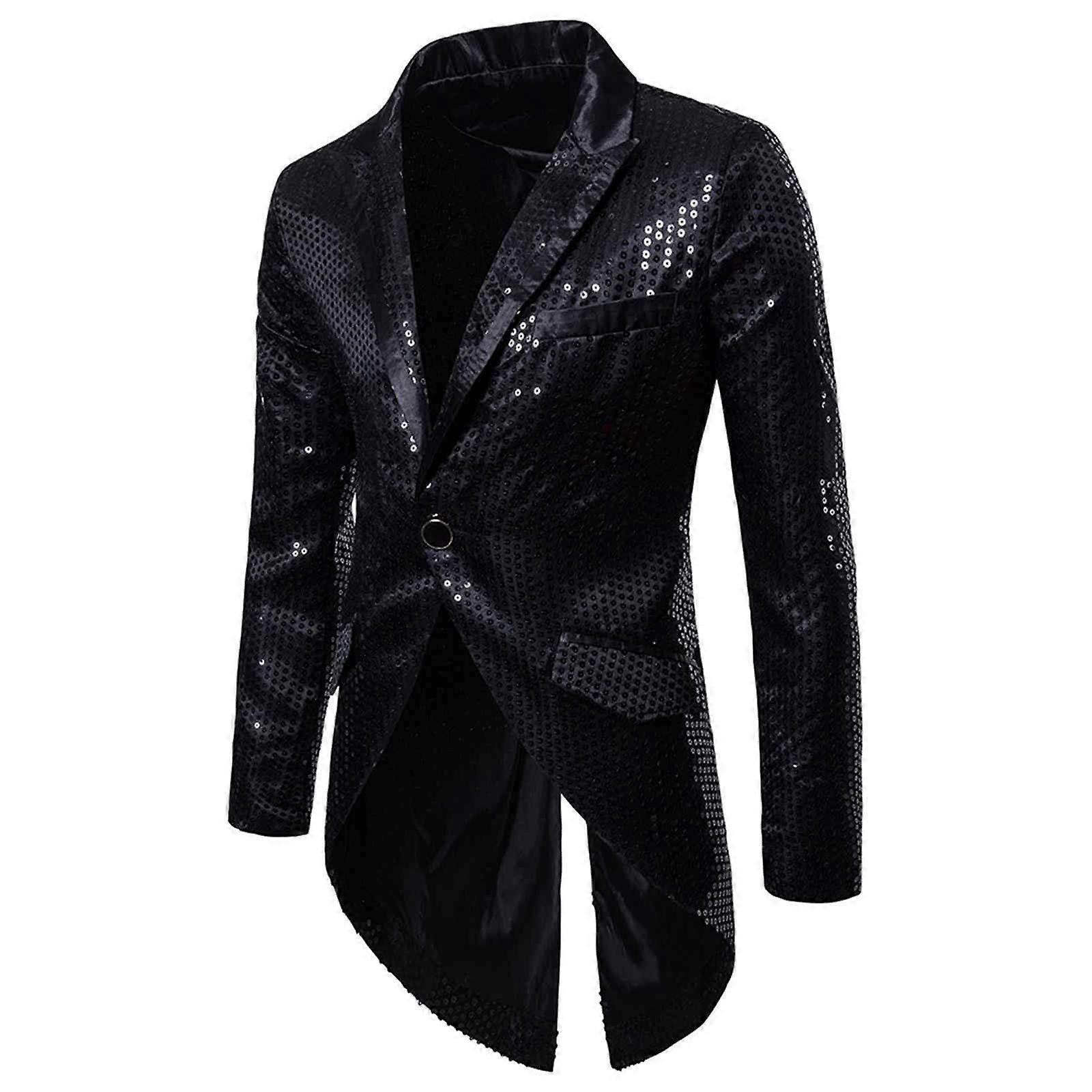 Men's Sequin Jacket Gold Glitter Blazer Slim Fit Long Sleeve Wedding Coat Performance Costume Party Suit M Schwarz