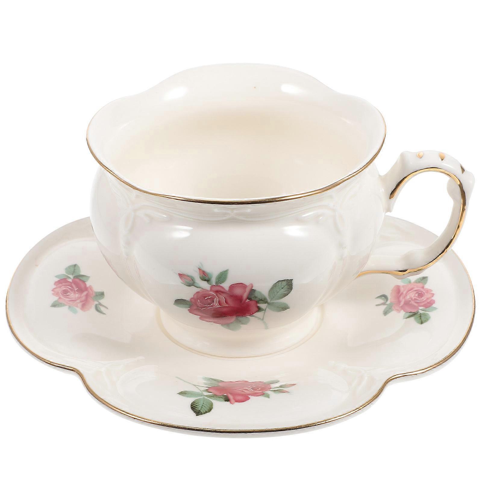 Ivory Ceramic Coffee Cup and Saucer Set for Coffee Shop 12x9.4x7cm Elegant Curved Handle 1Set