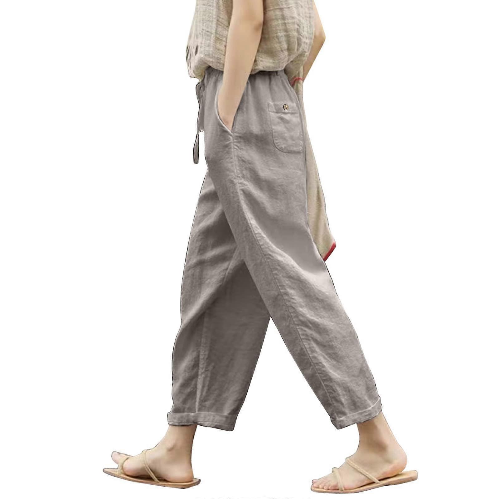 Women's Black Linen Pants 3/4 Length Plus Sizes, Waist Summer Pants Lightweight with Pockets XL Gray