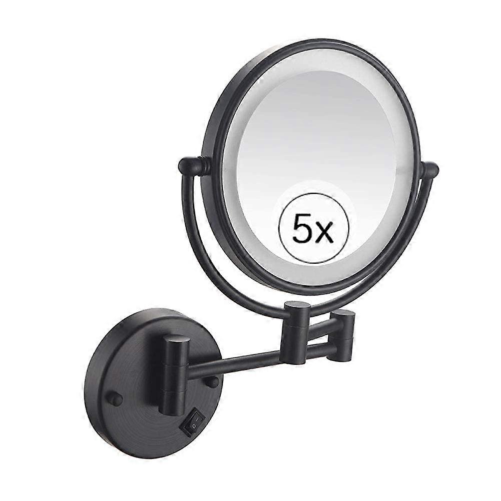 LED illuminated makeup mirror for wall mounting, doublesided, with 5x magnification, swivel mirror, cosmetic mirror for the bathroom, 20.3 cm, black