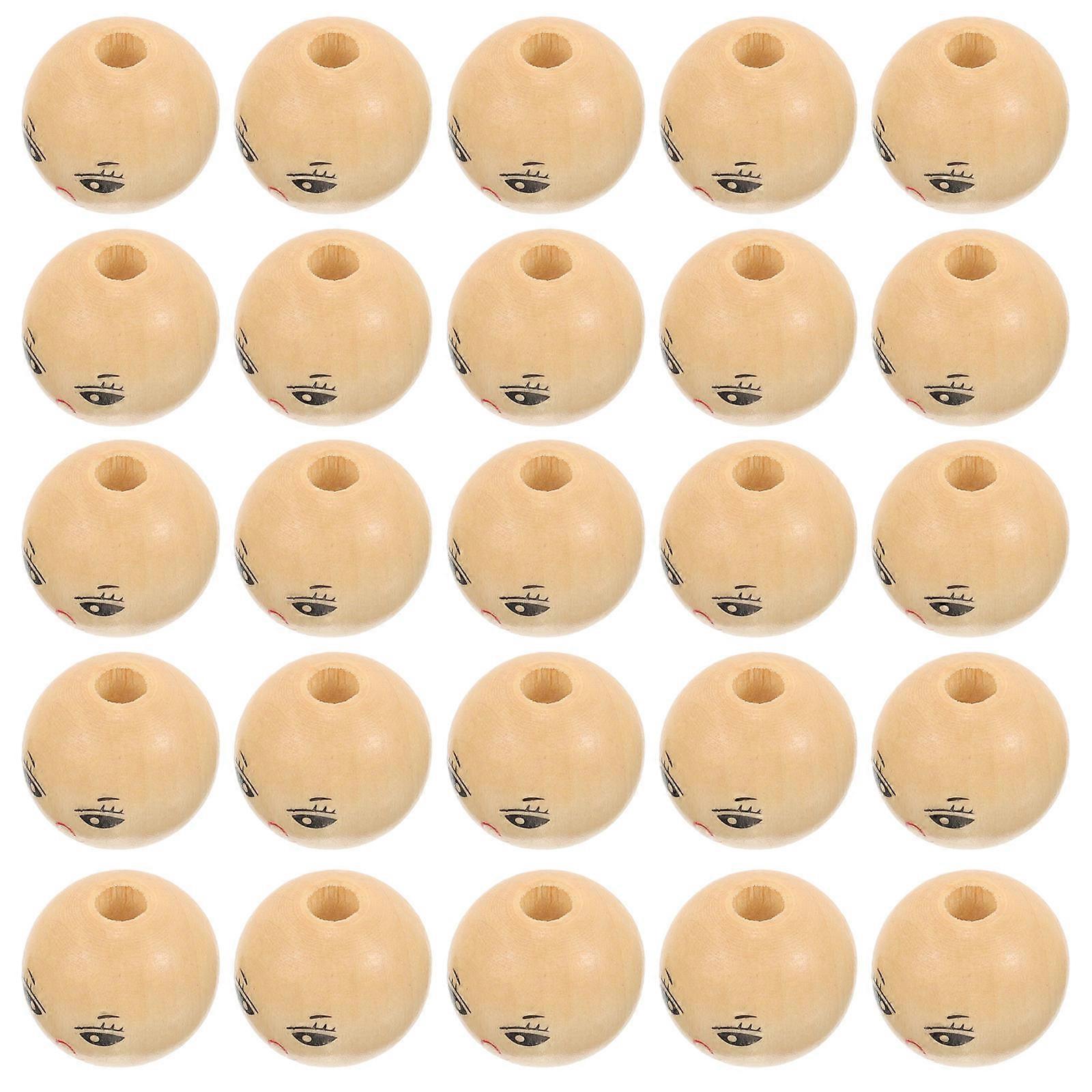 50Pcs Round Wooden Smile Face Beads with Hole for DIY Crafts Light Yellow Synthetic Material